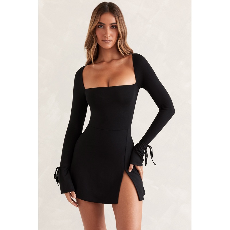 Square Neck Long Sleeve Mini Dress in Black