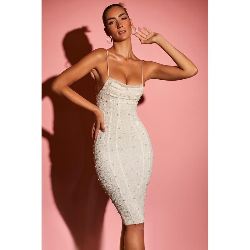 Strappy Embellished Midi Dress in White