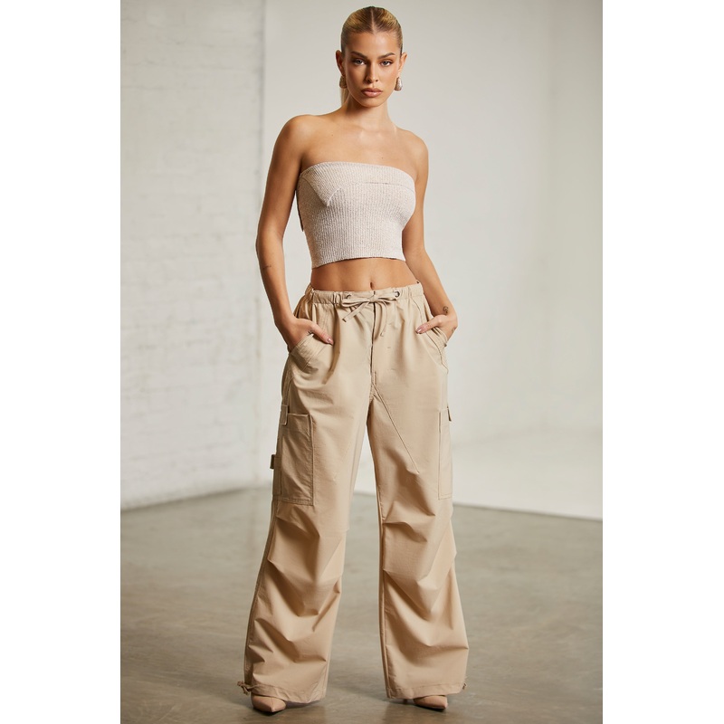 Wide Leg Cargo Trousers in Beige