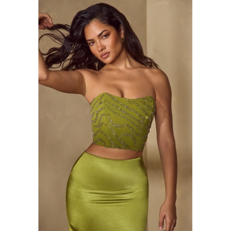 Embellished Bandeau Corset Top in Olive