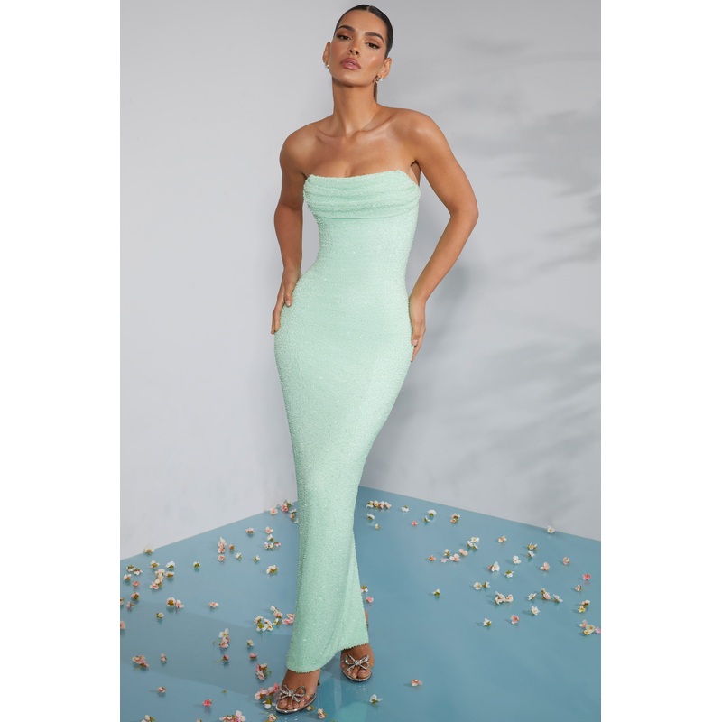 Embellished Bandeau Cowl Neck Maxi Dress in Mint