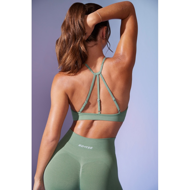 High Neck Open Back Define Luxe Sports Bra in Sage