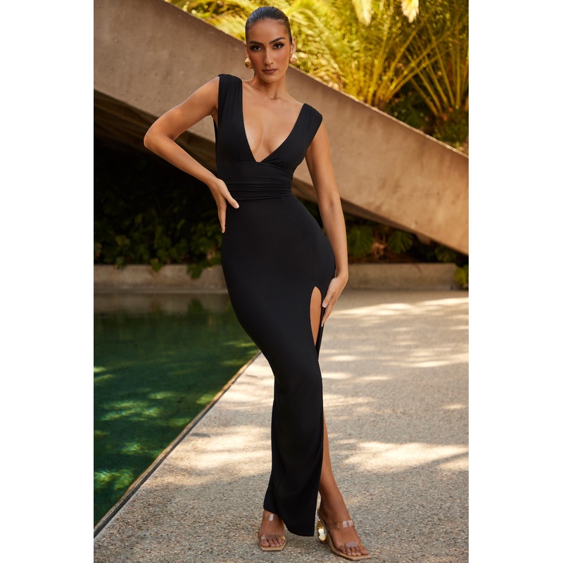 High Split Plunge Neck Maxi Dress in Black