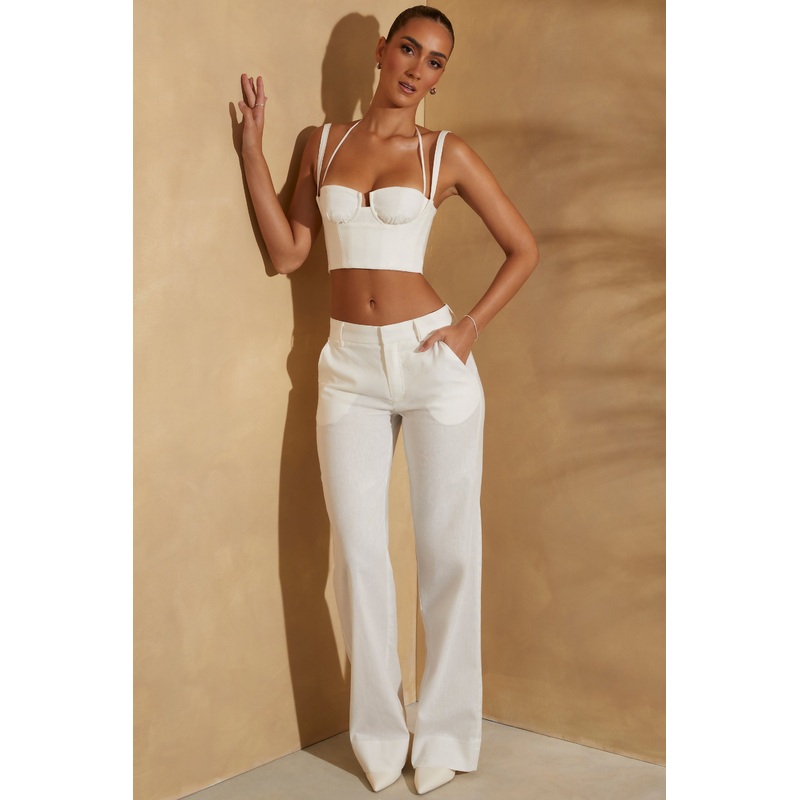High Waist Straight Leg Linen Trousers in White