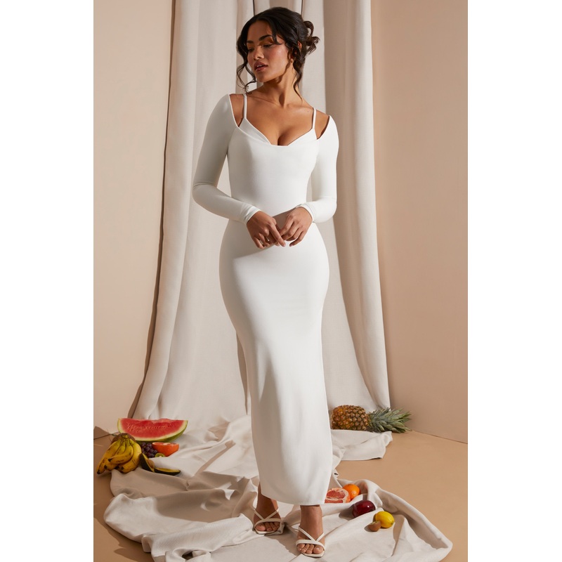 Long Sleeve Exposed Bra Maxi Dress in White