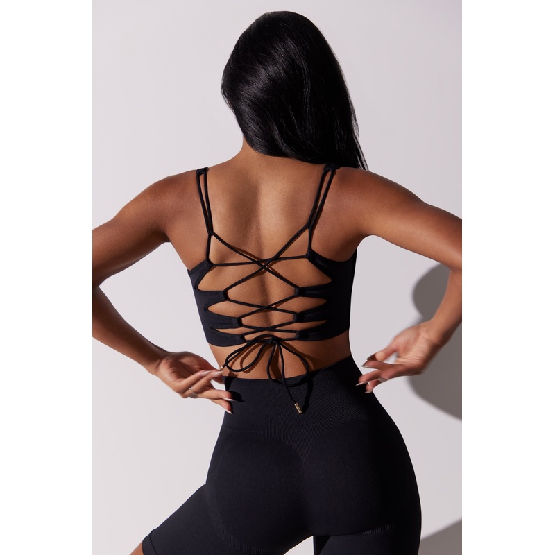 Open Back Square Neck Sports Bra in Black
