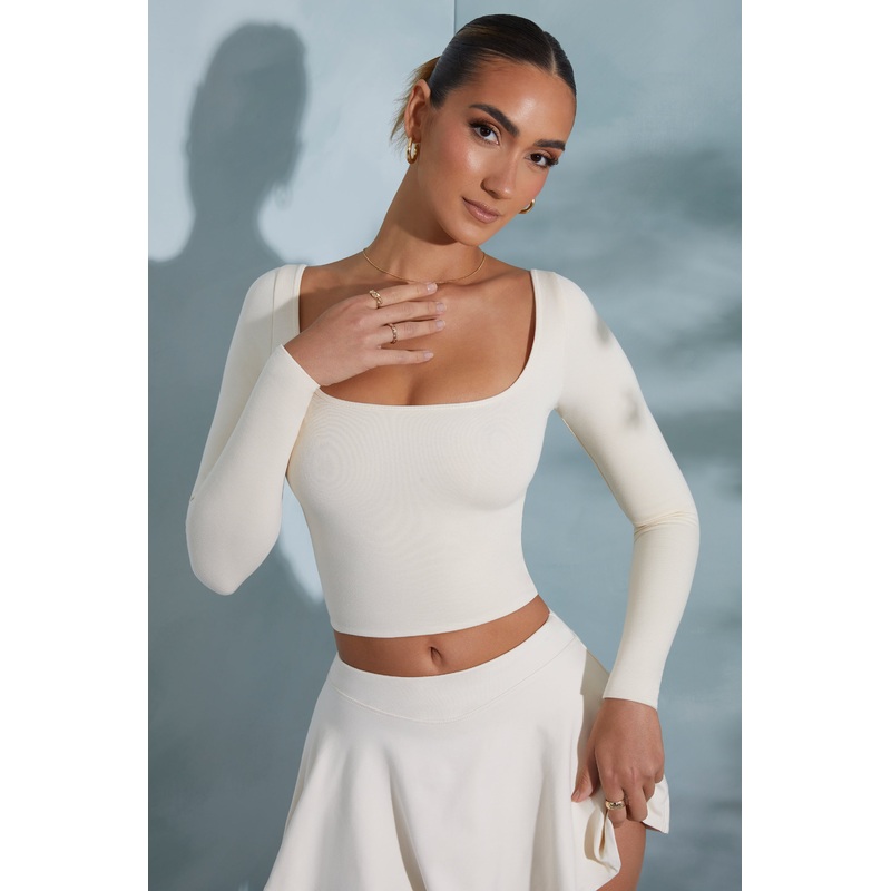 Rounded Square Neck Long Sleeve Top in Ivory