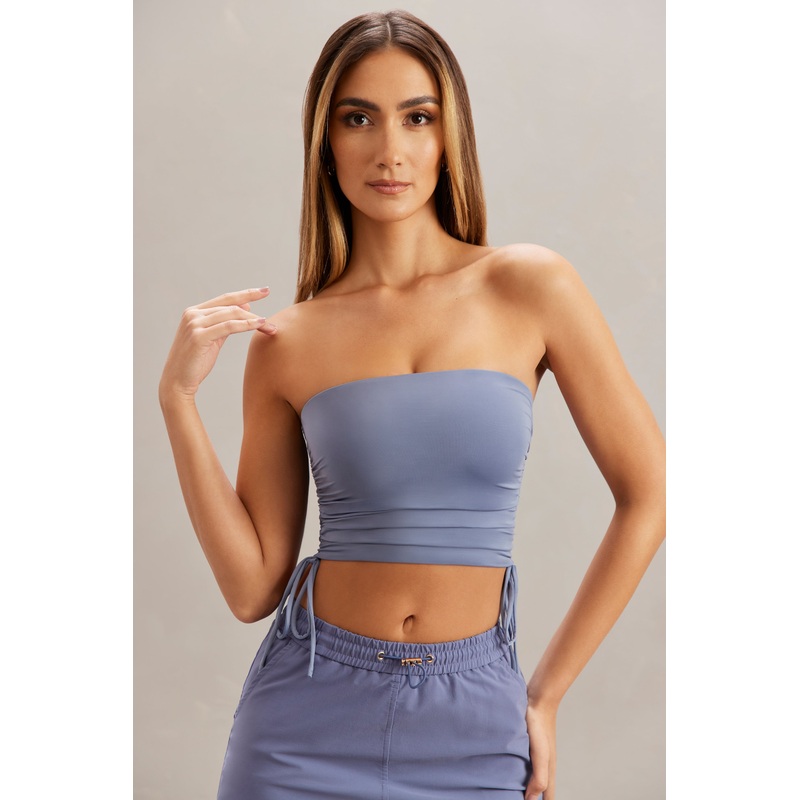 Ruched Bandeau Crop Top in Blue