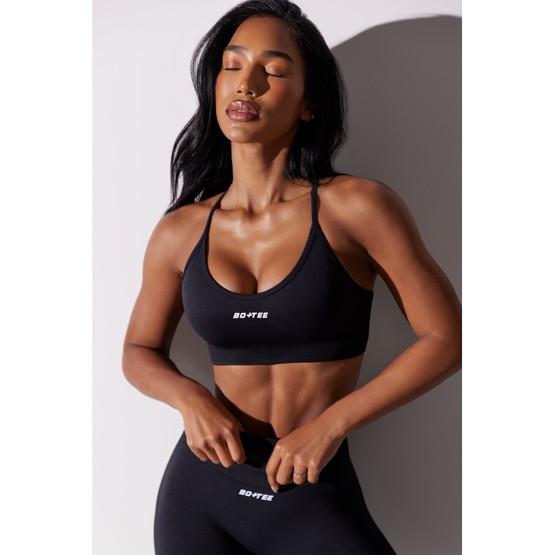 Scoop Neck Multi Strap Sports Bra in Black