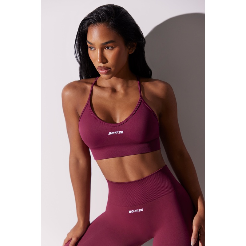 Scoop Neck Multi Strap Sports Bra in Plum