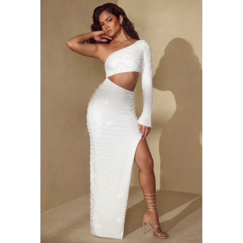 Single Sleeve Cut Out Maxi Dress in Off White
