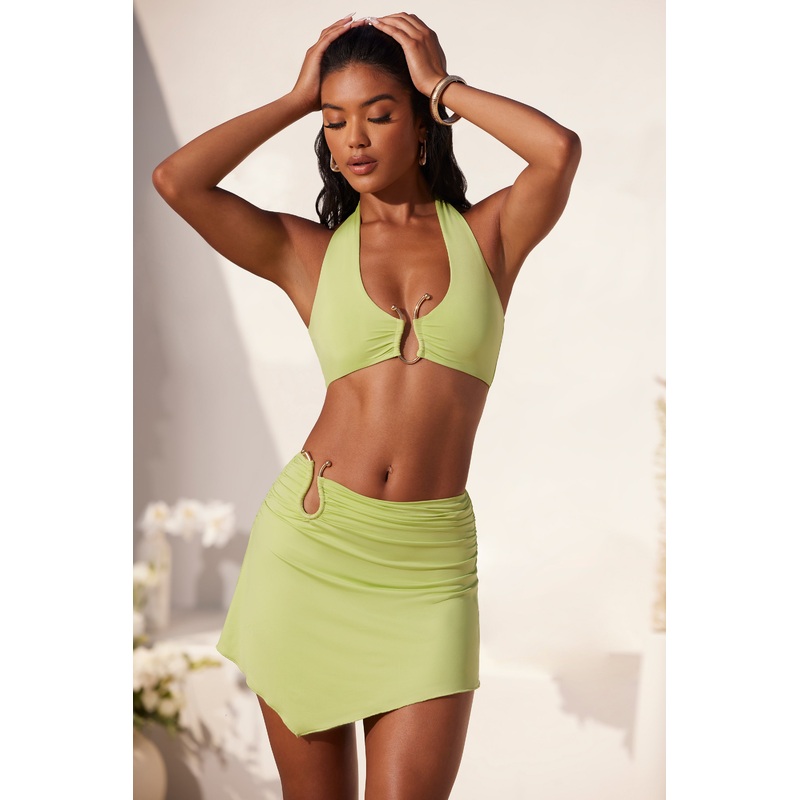 Asymmetric Hem Hardware Detail Mini Skirt in Lime Green
