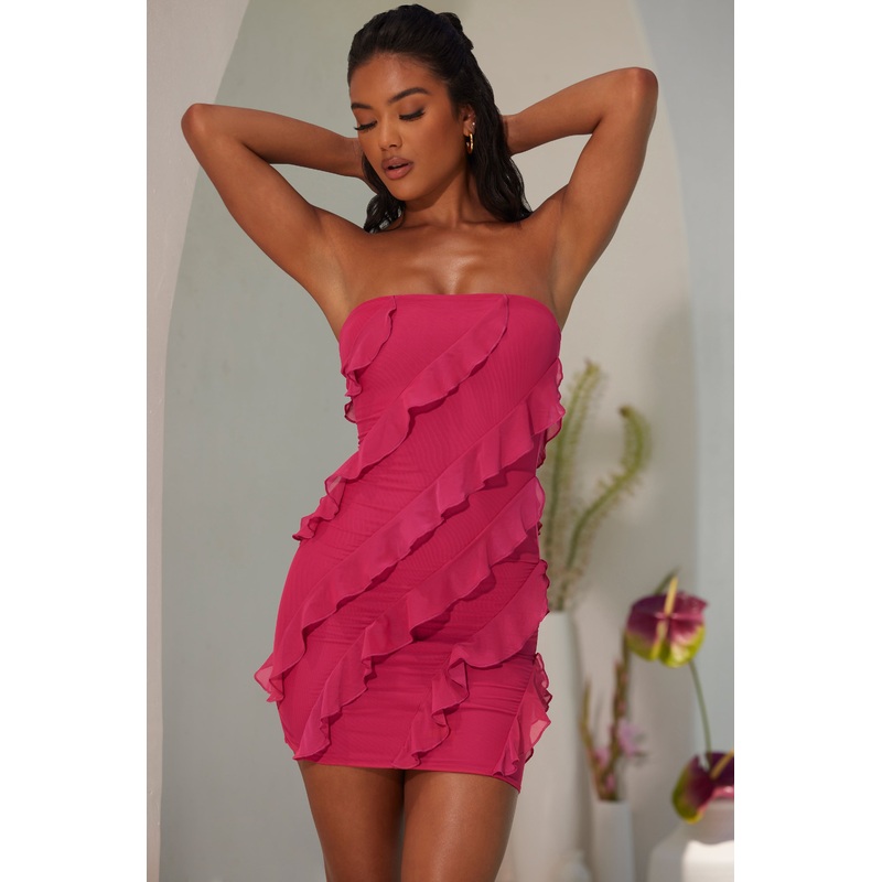 Bandeau Ruffle Detail Mini Dress in Fuchsia