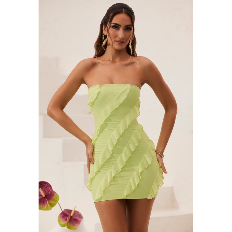 Bandeau Ruffle Detail Mini Dress in Lime Green