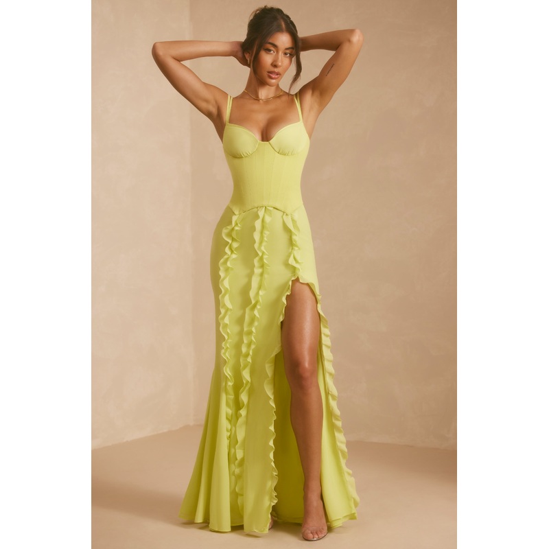 Corset Frill Skirt Maxi Dress in Lime Green