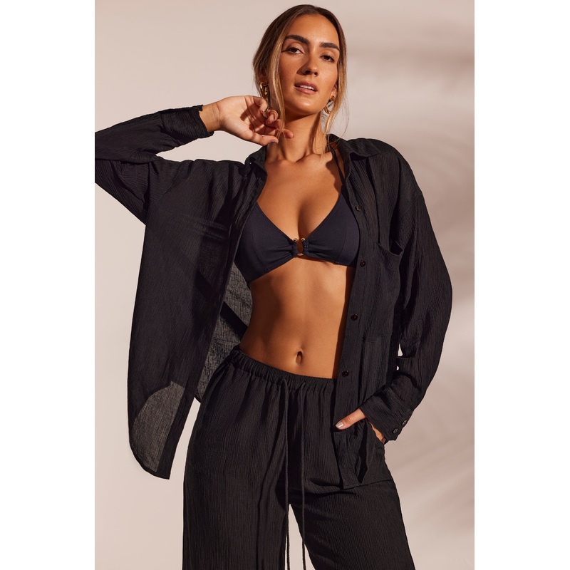 Crinkle Textured Oversized Beach Shirt in Black