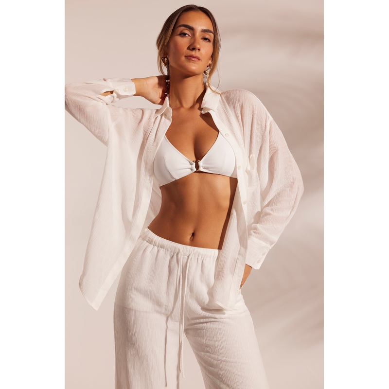 Crinkle Textured Oversized Beach Shirt in White