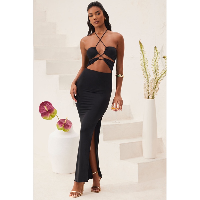 Cut Out Halter Neck Floor Length Maxi Dress in Black