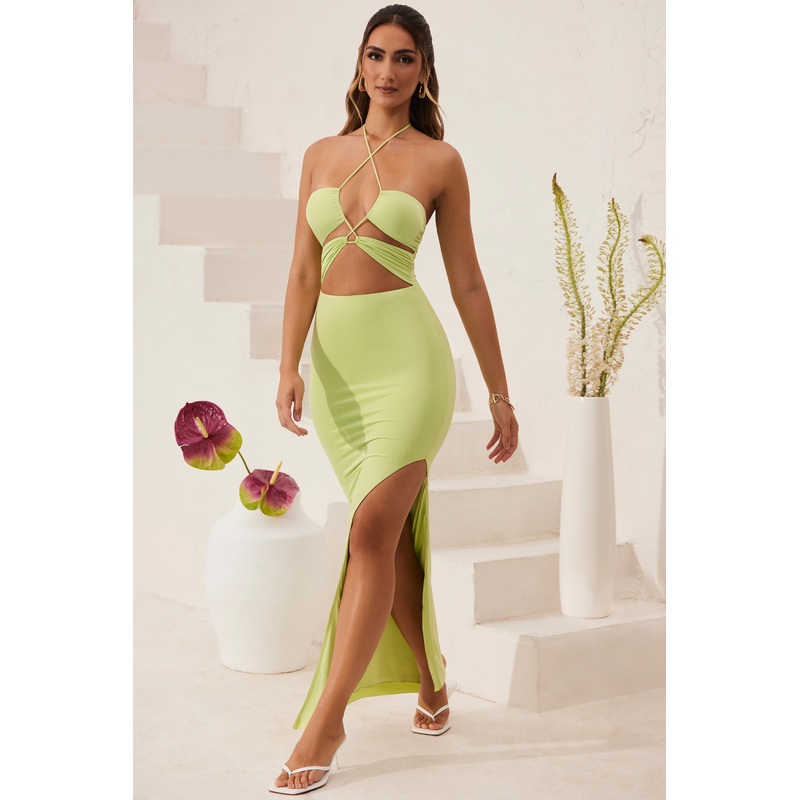 Cut Out Halter Neck Floor Length Maxi Dress in Lime Green