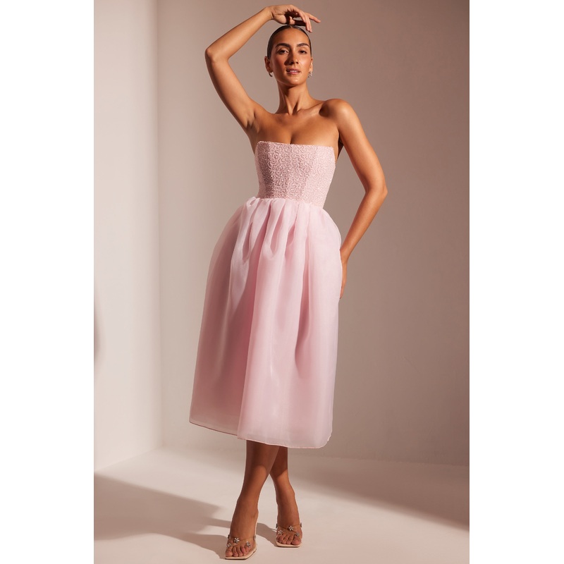 Embellished Corset Tulle Skirt Midi Dress in Blush