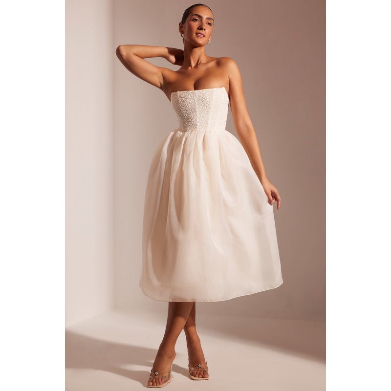 Embellished Corset Tulle Skirt Midi Dress in Ivory
