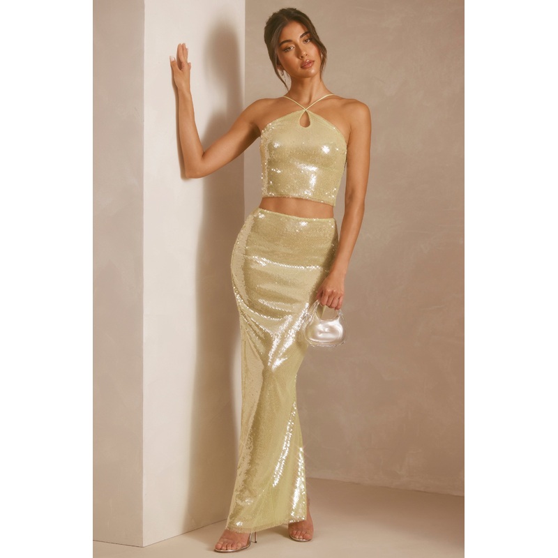 Sheer Sequin Mid Rise Maxi Skirt in Pistachio
