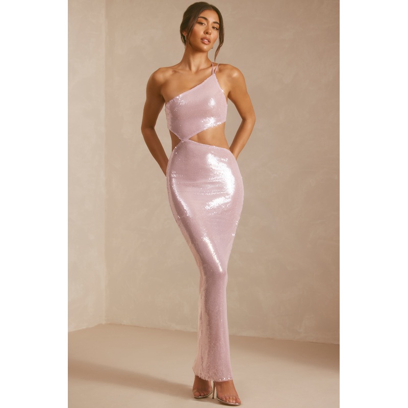Sheer Sequin One Shoulder Cut Out Maxi Dress in Lilac