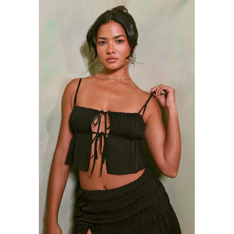 Shirred Tie Up Front Crop Top in Black