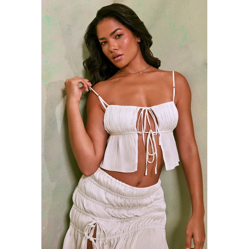 Shirred Tie Up Front Crop Top in White