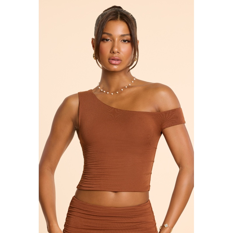 Asymmetric Neck Ruched Modal Cashmere Blend Top in Chestnut Brown