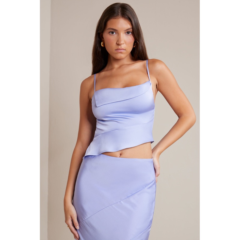 Bias Cut Satin Cowl Neck Crop Top in Periwinkle