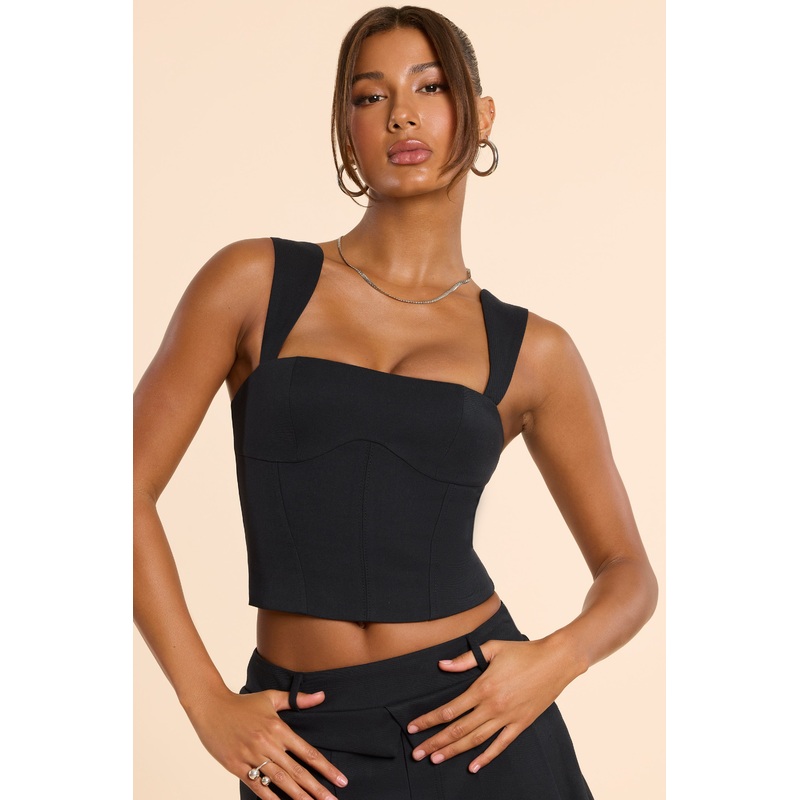 Brushed Twill Square Neck Tailored Top in Black