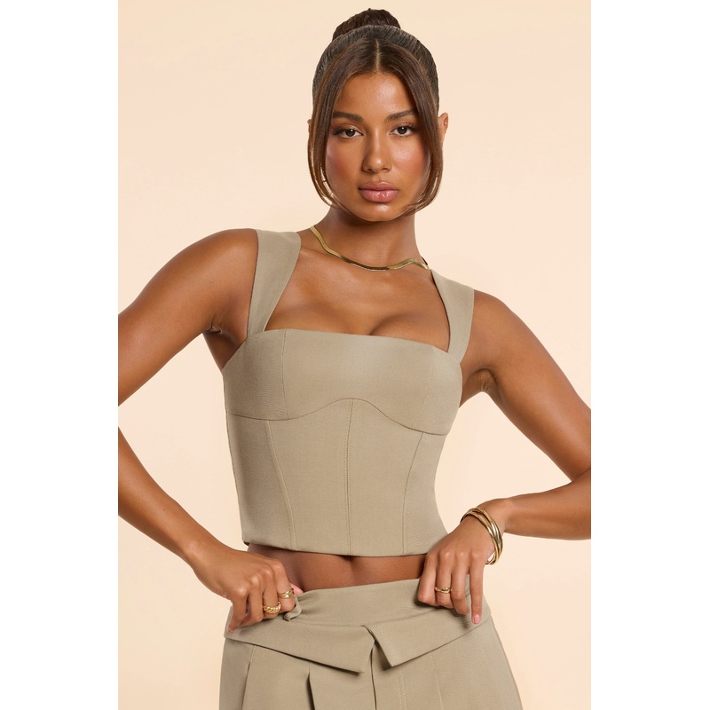 Brushed Twill Square Neck Tailored Top in Taupe