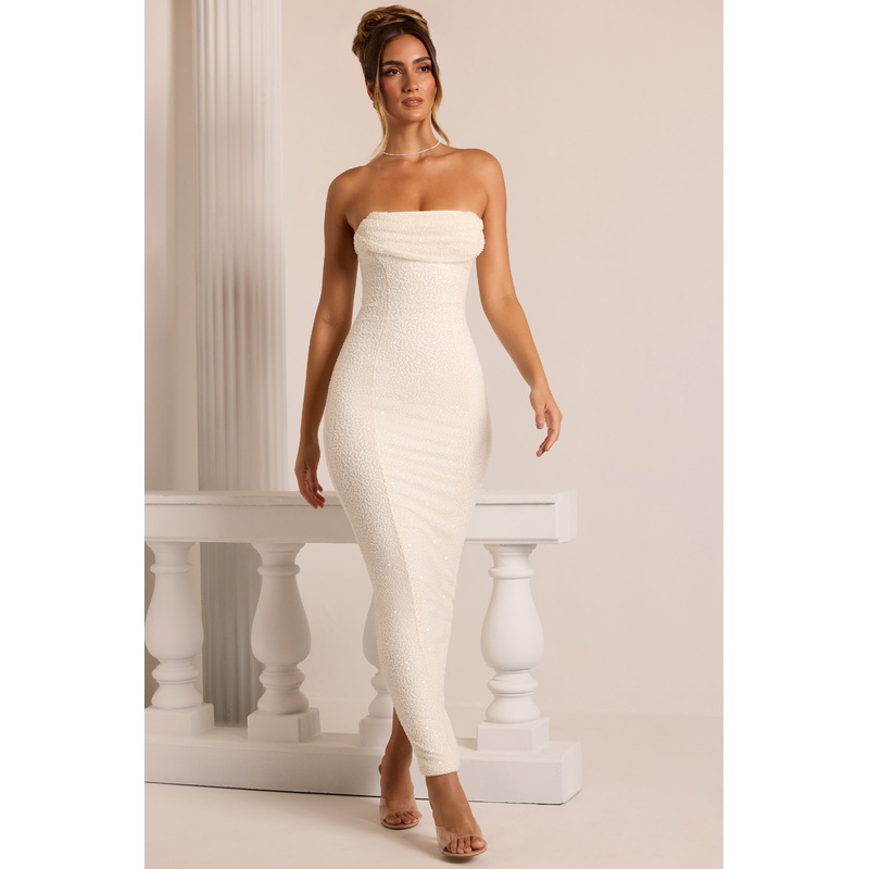 Embellished Bandeau Cowl Neck Maxi Dress in White