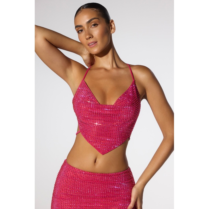 Embellished Cowl Neck Open Back Crop Top in Hot Pink