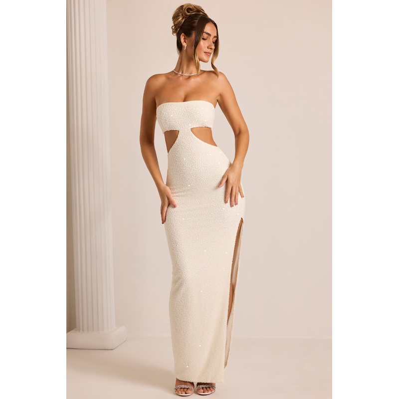 Embellished Cut Out Maxi Dress in White