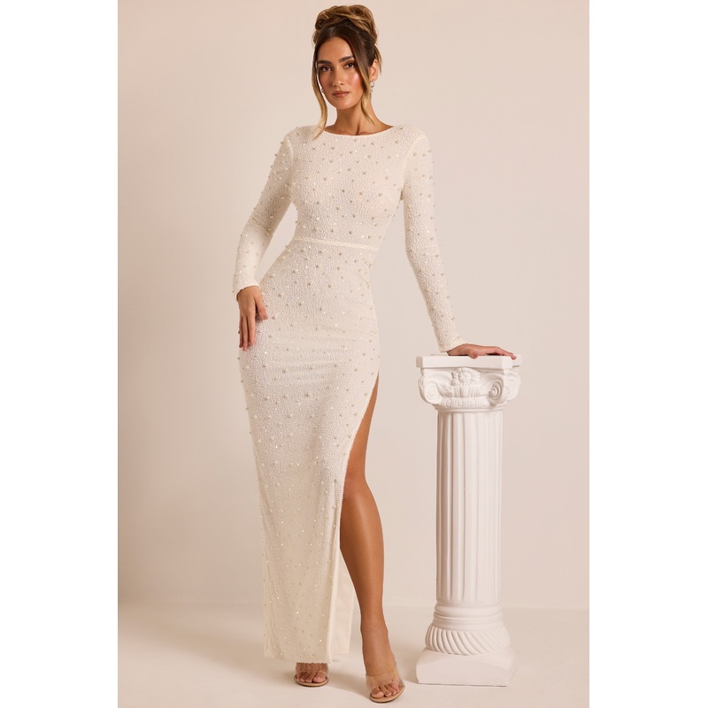 Embellished Long Sleeve Backless Maxi Dress in White