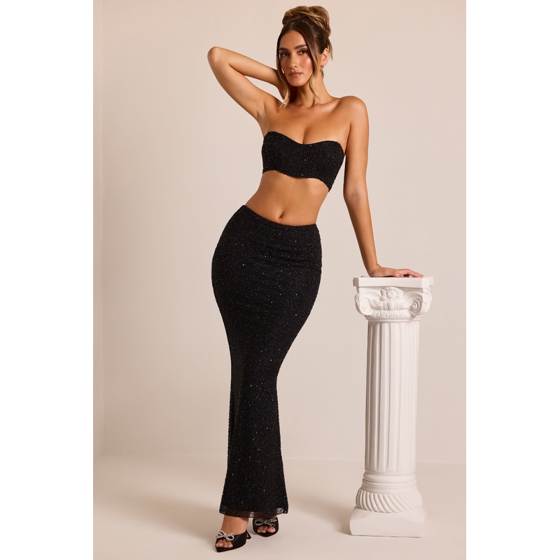 Embellished Mid-Rise Maxi Skirt in Black