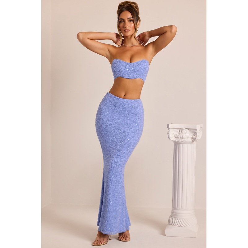 Embellished Mid-Rise Maxi Skirt in Powder Blue