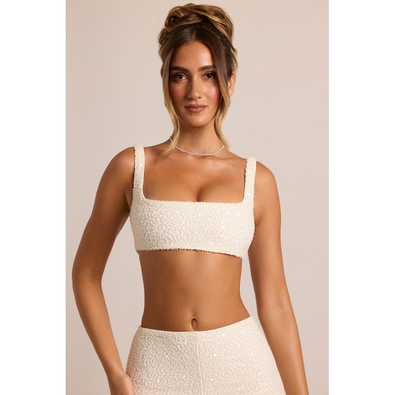 Embellished Square Neck Bralette in White