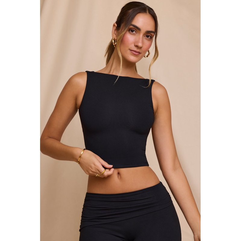 High Neck Open Back Crop Top in Black