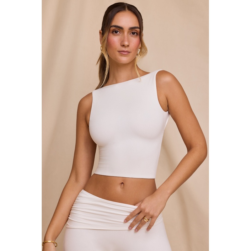 High Neck Open Back Crop Top in White