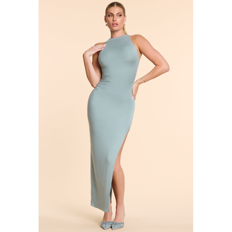 High Neck Racerback Ruched Modal Cashmere Blend Maxi Dress in Stone Blue