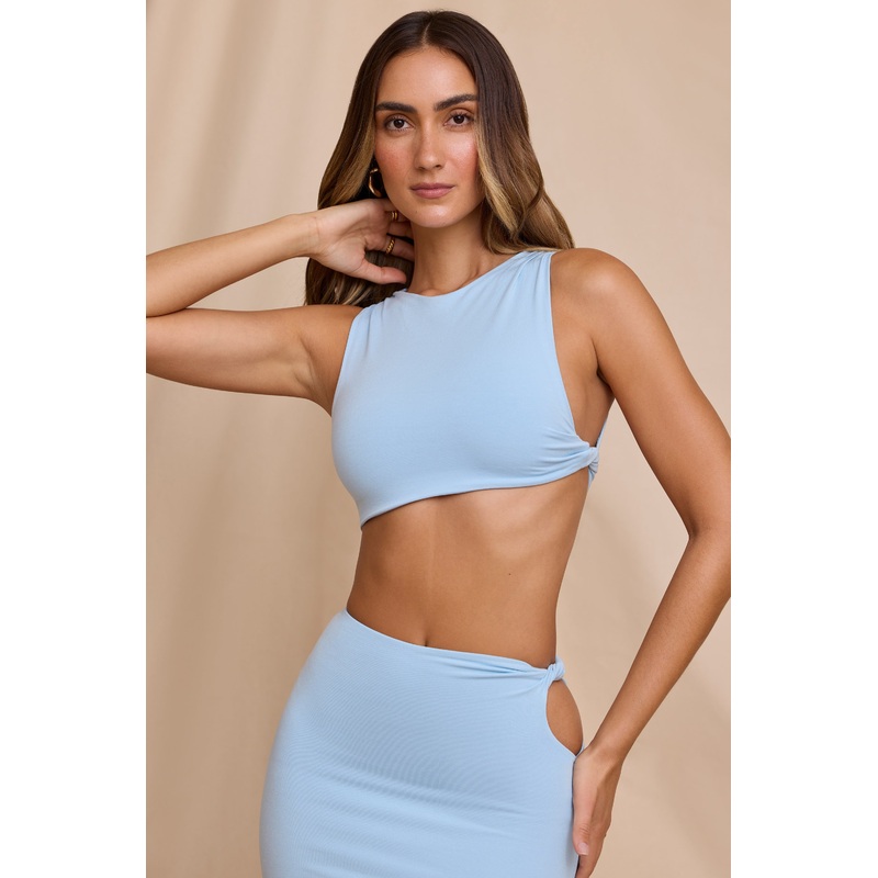 High Neck Twist Crop Top in Sky Blue