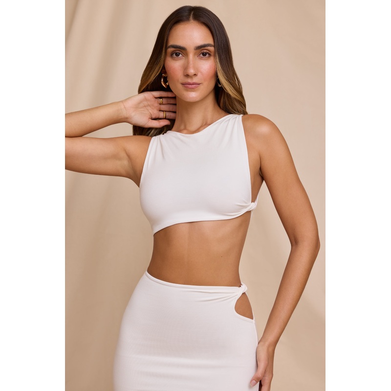 High Neck Twist Crop Top in White