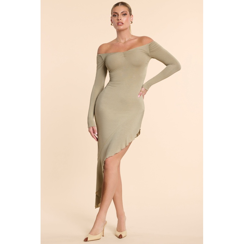 Long Sleeve Off-The-Shoulder Modal Cashmere Blend Maxi Dress in Taupe