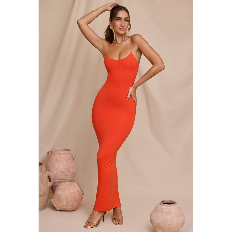 Micro Strap Detail Maxi Dress in Tangerine