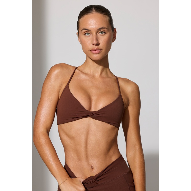 Multiway Twist Front Sports Bra in Chocolate