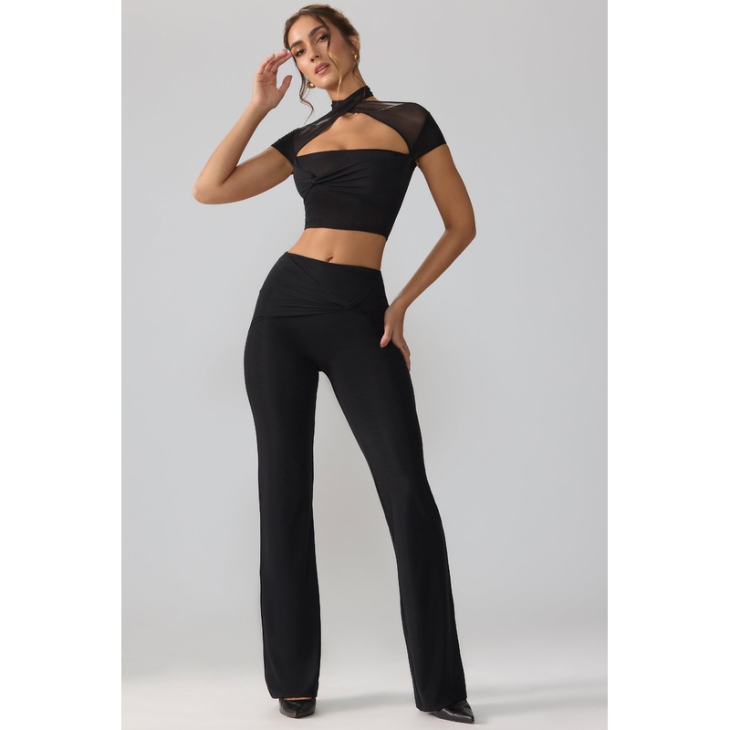 Petite Mesh Mid Rise Twist Overlay Flare Trousers in Black