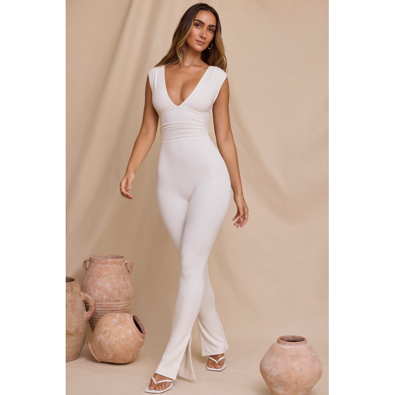 Plunge Neck Ruched Waist Jumpsuit in White